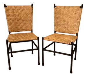 1940s Handmade Wrought Iron & Woven Raffia Side Chair – Rustic Vintage Elegance