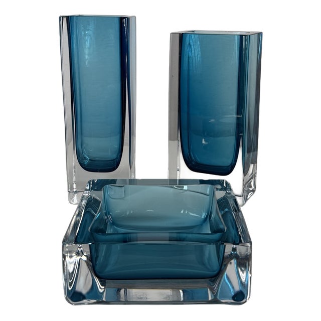 Swedish Art Glass Vases and Ashtray by Göran Wärff for Kosta Boda, 1970s, Set of 3 For Sale