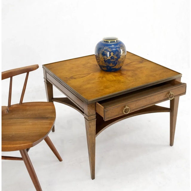 Baker burl walnut square brass gallery top drawer two tier side lamp table night stand.