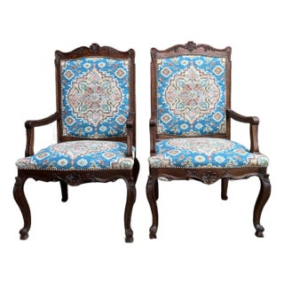 Pair Antique French Dining Arm Chairs Louis XV Carved Oak Blue Persian Textile For Sale