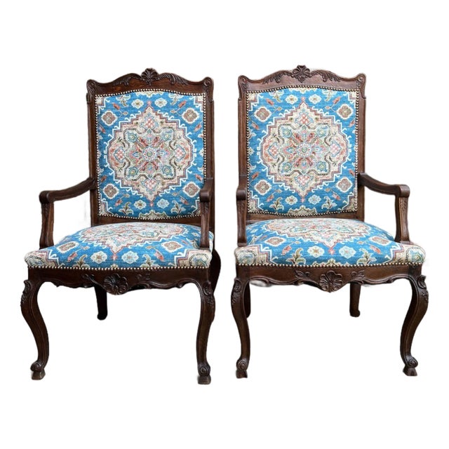 Pair Antique French Dining Arm Chairs Louis XV Carved Oak Blue Persian Textile For Sale