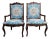Pair Antique French Dining Arm Chairs Louis XV Carved Oak Blue Persian Textile For Sale