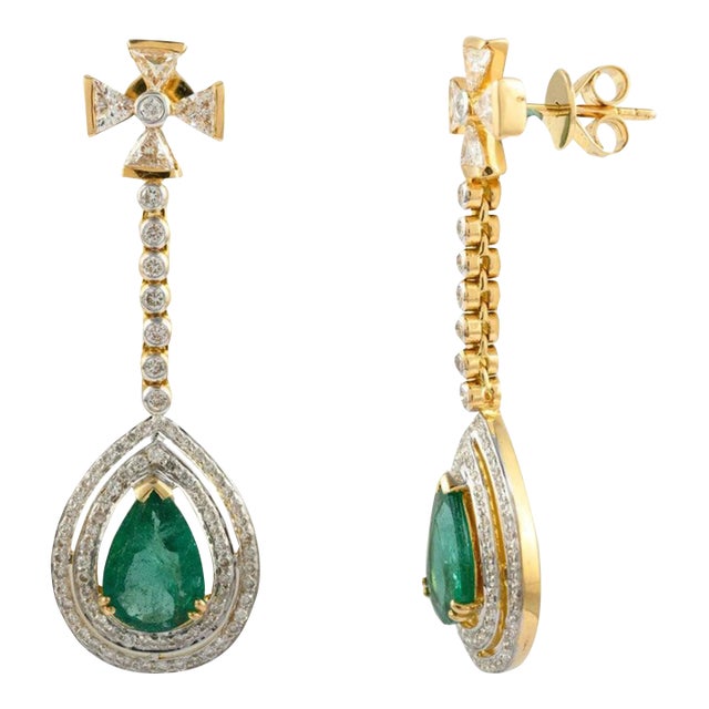 Statement Diamond Natural Emerald Dangle Drop Earrings 14k Solid Yellow Gold- 2 Pieces For Sale