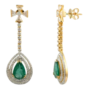 Statement Diamond Natural Emerald Dangle Drop Earrings 14k Solid Yellow Gold- 2 Pieces
