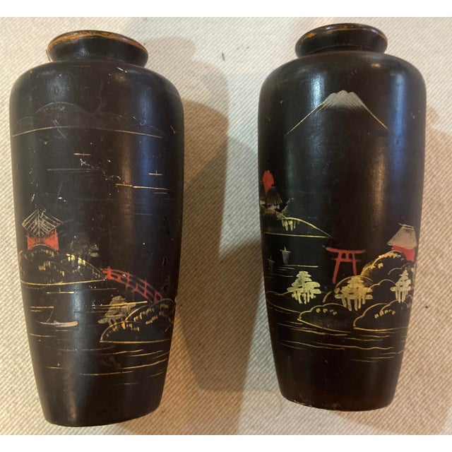 Antique Japanese Black Lacquered Wooden Vases Pair Chairish