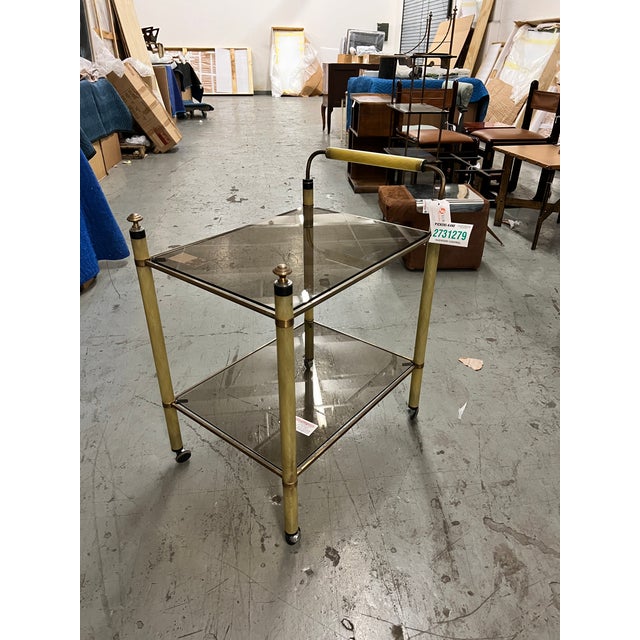 Mid-Century Modern Vintage Brass and Smoky Glass Bar Cart For Sale - Image 3 of 6