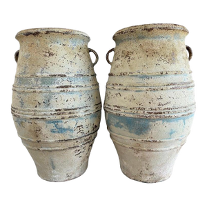 Pair of Large Distressed Mediterranean Style Terracotta Olive Jars With Handles