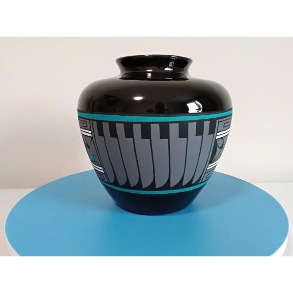 Ceramic Contemporary Kopa Arizona Hand-Painted Geometric Blackware Vase For Sale - Image 7 of 11