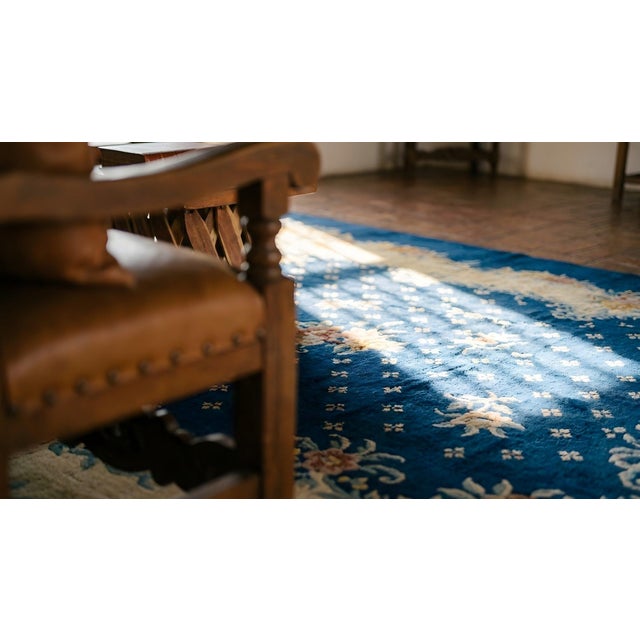 1930s Blue Navy Roses 4 Star Antique Chinese Art Deco Carpet 9' X 11'4" Knotted Wool Rug For Sale - Image 17 of 17