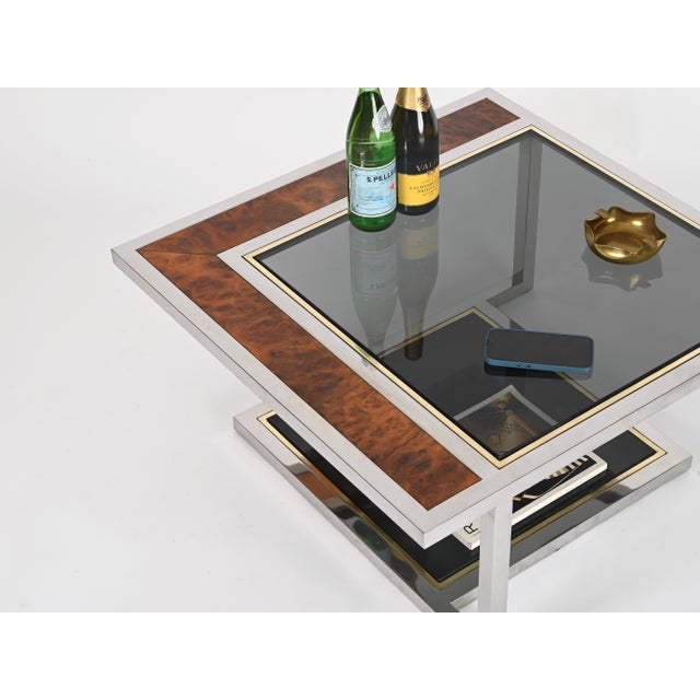 Coffee Table in Chrome, Brass, Burl Wood, and Smoked Glass, Italy, 1970s For Sale - Image 15 of 16