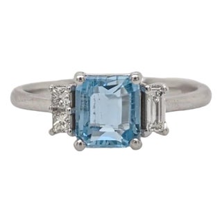 1ct Emerald Cut Aquamarine Ring With Diamond Accents: Solid 14k Gold, 6.5x5.5mm, Size 6.75 For Sale
