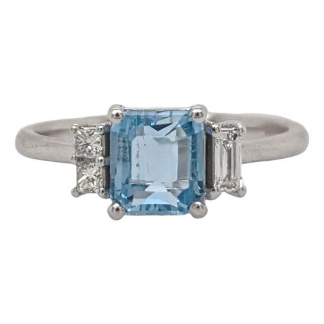 1ct Emerald Cut Aquamarine Ring With Diamond Accents: Solid 14k Gold, 6.5x5.5mm, Size 6.75 For Sale