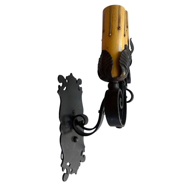 1920s Iron and Brass Old Painted Black Triple Candle Sconce in Stair Step Pattern - a Pair For Sale - Image 4 of 6