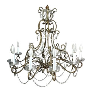 Large European Gilt Wrought Iron Beaded Crystal Birdcage 12-Light Chandelier For Sale