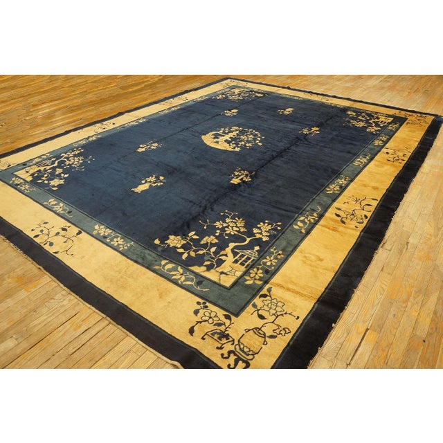 Textile Special Aysimmetric Detail in a Chinoiserie Pattern a Navy Open Field Chinese Peking Rug For Sale - Image 7 of 11