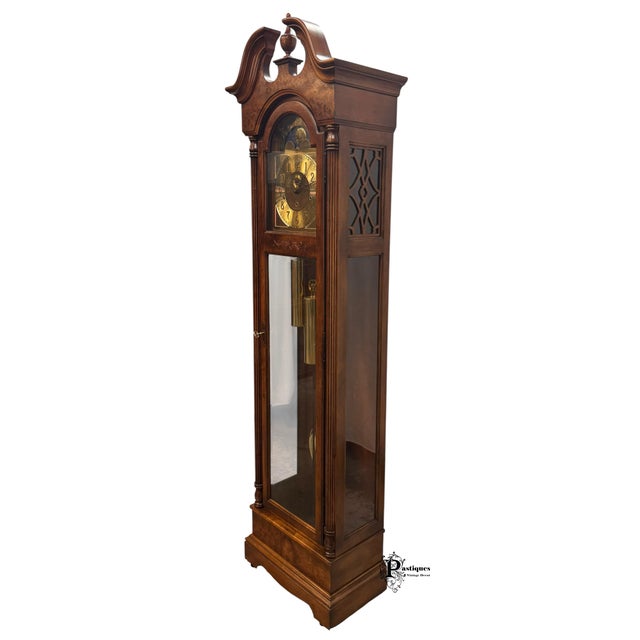 Howard Miller Vintage Howard Miller Traditional American Style Mahogany & Burl Wood Grandfather Clock For Sale - Image 4 of 11