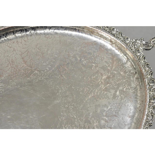 Silver Antique English Victorian Silver Plated Repousse Oval Serving Platter Bar Tray For Sale - Image 8 of 12