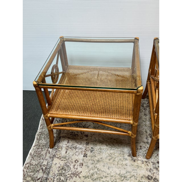 McGuire Furniture Rattan Target Design Side Tables, Pair For Sale - Image 9 of 12