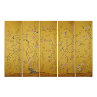 Hand Painted Mustard Yellow Chinoiserie Floral Bird Mural 5-Panel Set For Sale
