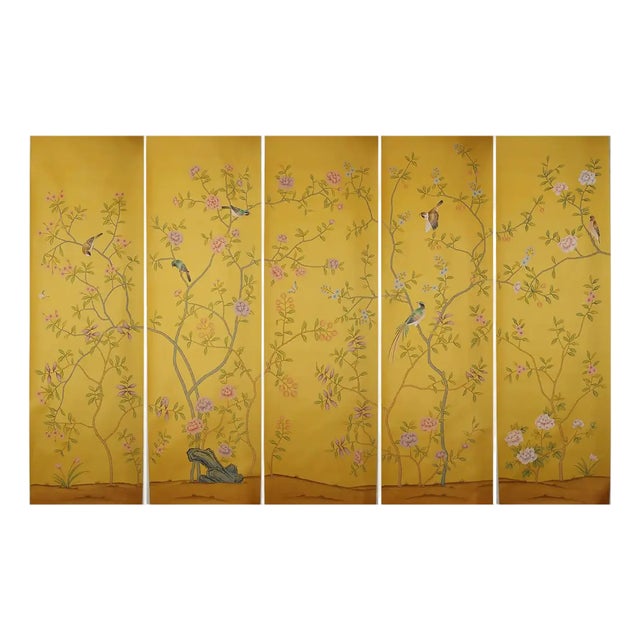Hand Painted Mustard Yellow Chinoiserie Floral Bird Mural 5-Panel Set For Sale