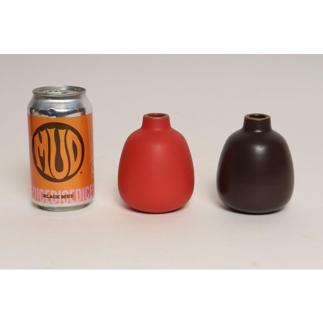 Ceramic Pair of Petite Ceramic Bud Vases #130 in Matte Suede Red and Dark Brown by Heath For Sale - Image 7 of 9