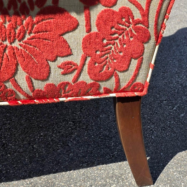 Red Pair of Late 20th Century Custom Upholstered Wingback Armchairs in Red and Ivory Floral Cut Velvet For Sale - Image 8 of 14