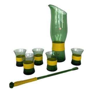 Mid Century Italian Green Glass Barware Set- 7 Pieces For Sale