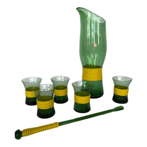 Mid Century Italian Green Glass Barware Set- 7 Pieces
