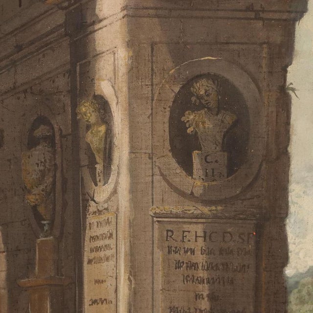 Emilian School, Architectural Capriccio with Figures, 18th Century, Oil on Canvas For Sale - Image 6 of 13