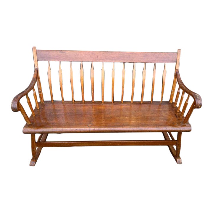 Antique American Style Solid Wood Rocker Bench, 19th Century | Chairish