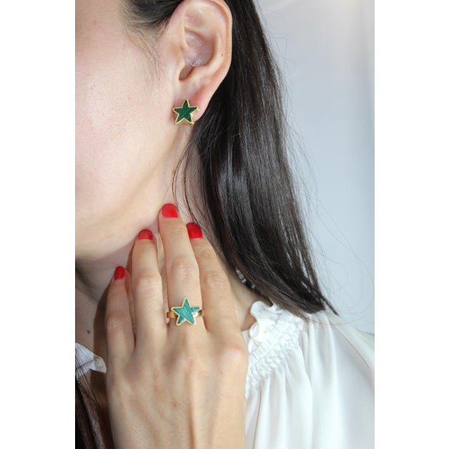 Green Malachite Star Galaxy Celestial Constellation Zodiac Yellow Gold Earrings, A Pair For Sale - Image 10 of 11