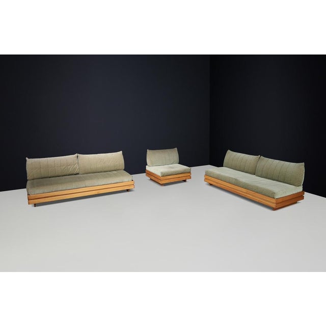 Maison Regain Elm living room set upholstered in original olive green fabric, France, 1970s. Enhance your living space...