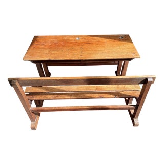 Vintage Wooden School Desk with Built-in Bench, 1950s For Sale