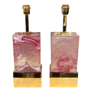Pair of Pink Murano Glass Block Lamps