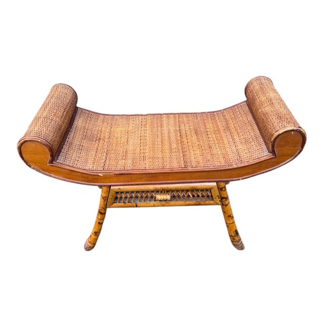 Beautiful and Unique mid century bamboo and rattan scrolled sides curved bench with single drawer. Lovely as a statement...