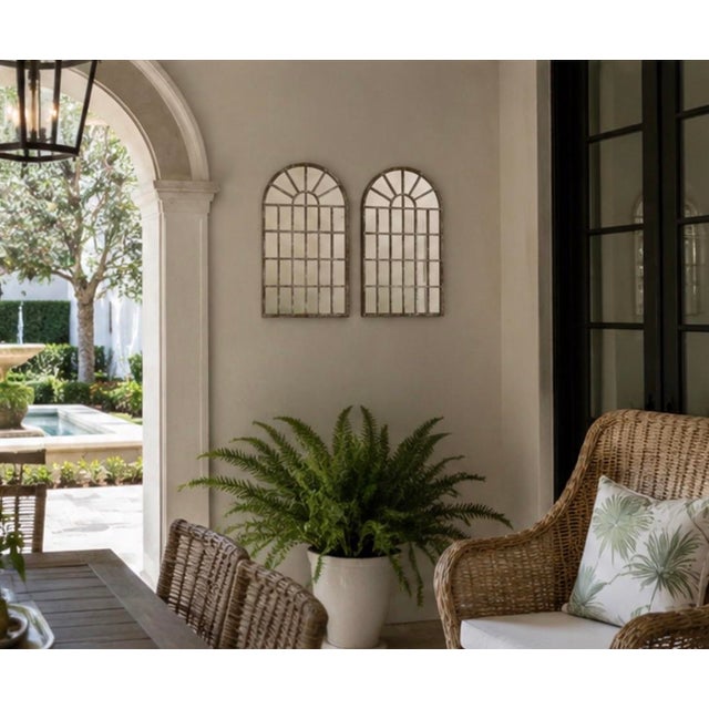 Gray Pair of Vintage Architectural Arched Iron Windowpane Mirrors in Whitewashed Gray For Sale - Image 8 of 12