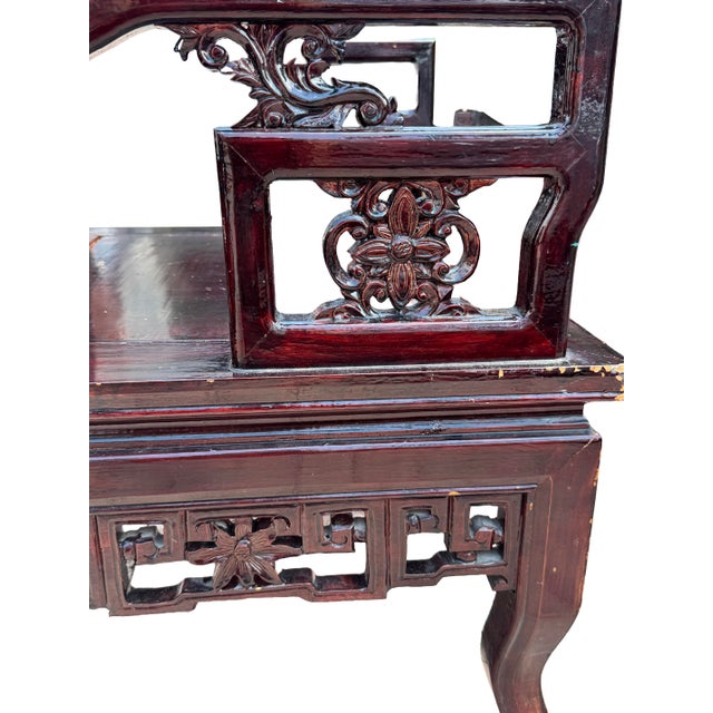 1960s Pair of Vintage Chinese Chinoiserie Scholar Armchairs in Oxblood Lacquer For Sale - Image 5 of 7