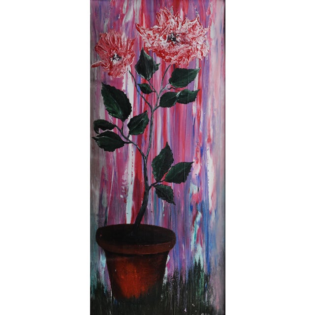Oil on board, 16" x 32", by Abbas Shirmohammadi. This still life features vibrant red poppies in a dark vase against a...