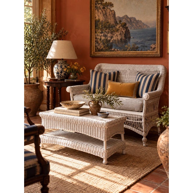 An early 20th century wicker coffee table with a woven rectangular top, braided borders, curved apron and full lower...