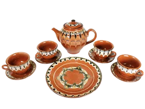 Vintage Handmade Hand Painted Soviet Bulgarian Red Clay Pottery Tea/Coffee Serving Set - 10 Pieces