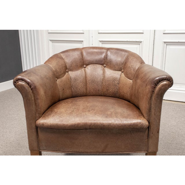 Art Nouveau Swedish Club Chair in Brown Leather, 1940s For Sale - Image 10 of 11