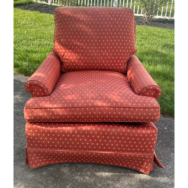 Henredon Henredon Lounge Chair Traditional Skirted Terracotta Fleur De Lis Armchair 90s For Sale - Image 4 of 13