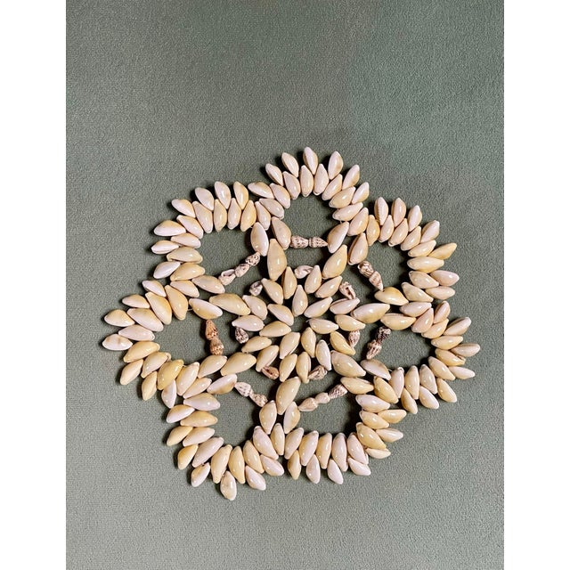 A beautiful handmade cowrie shell trivet shaped as a seven petal radiating pattern with a star center in a natural white.