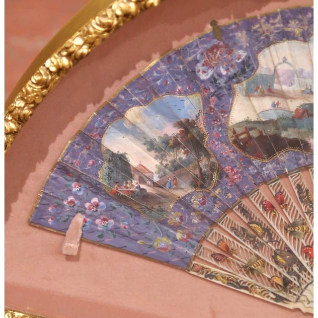 19th Century French Hand-Painted Fan With Carved Bone Handle in Frame For Sale - Image 4 of 9