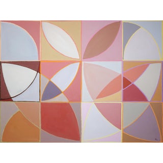 2025, Geometric Minimalist Painting on Canvas, Modernist Flowers, Bauhaus Tiles in Soft Tones by Natalia Roman For Sale