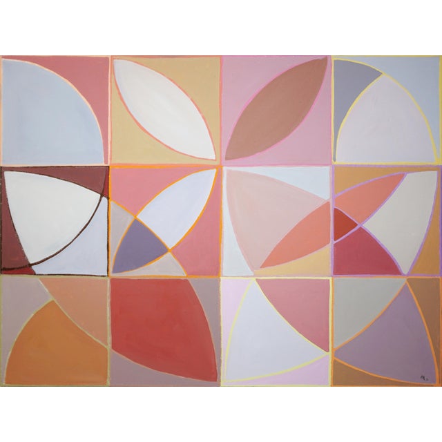 2025, Geometric Minimalist Painting on Canvas, Modernist Flowers, Bauhaus Tiles in Soft Tones by Natalia Roman For Sale