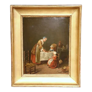 19th Century French Oil on Board Painting "Saying Grace" in Carved Gilt Frame