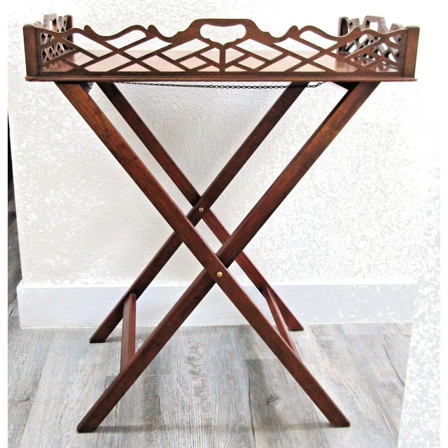 1920s Antique Pierced Mahogany Baker Furniture Butler Tray and Folding Stand For Sale - Image 12 of 18