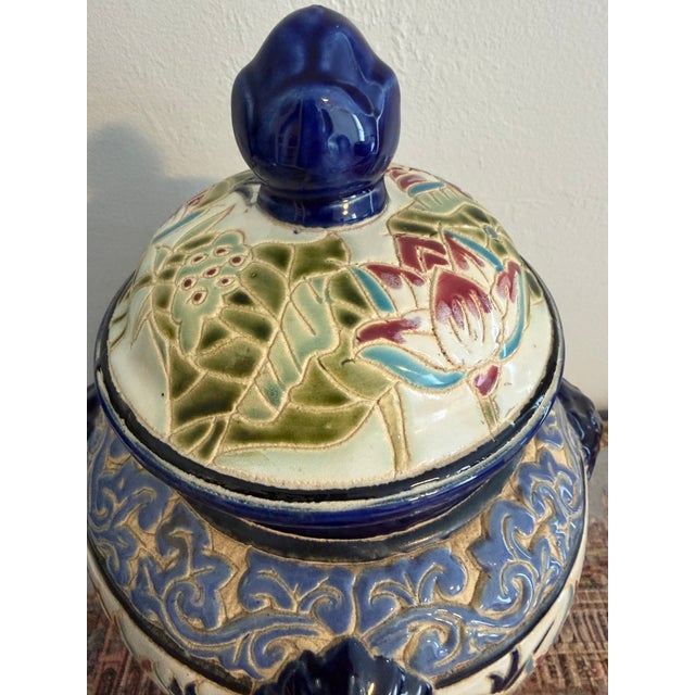 Vintage Chinoiserie 15" Majolica Temple Jar With 4 Blue Lion Handles For Sale - Image 4 of 11