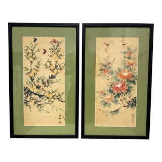 Vietnamese Vintage Watercolor & Ink Floral Paintings, Pair For Sale
